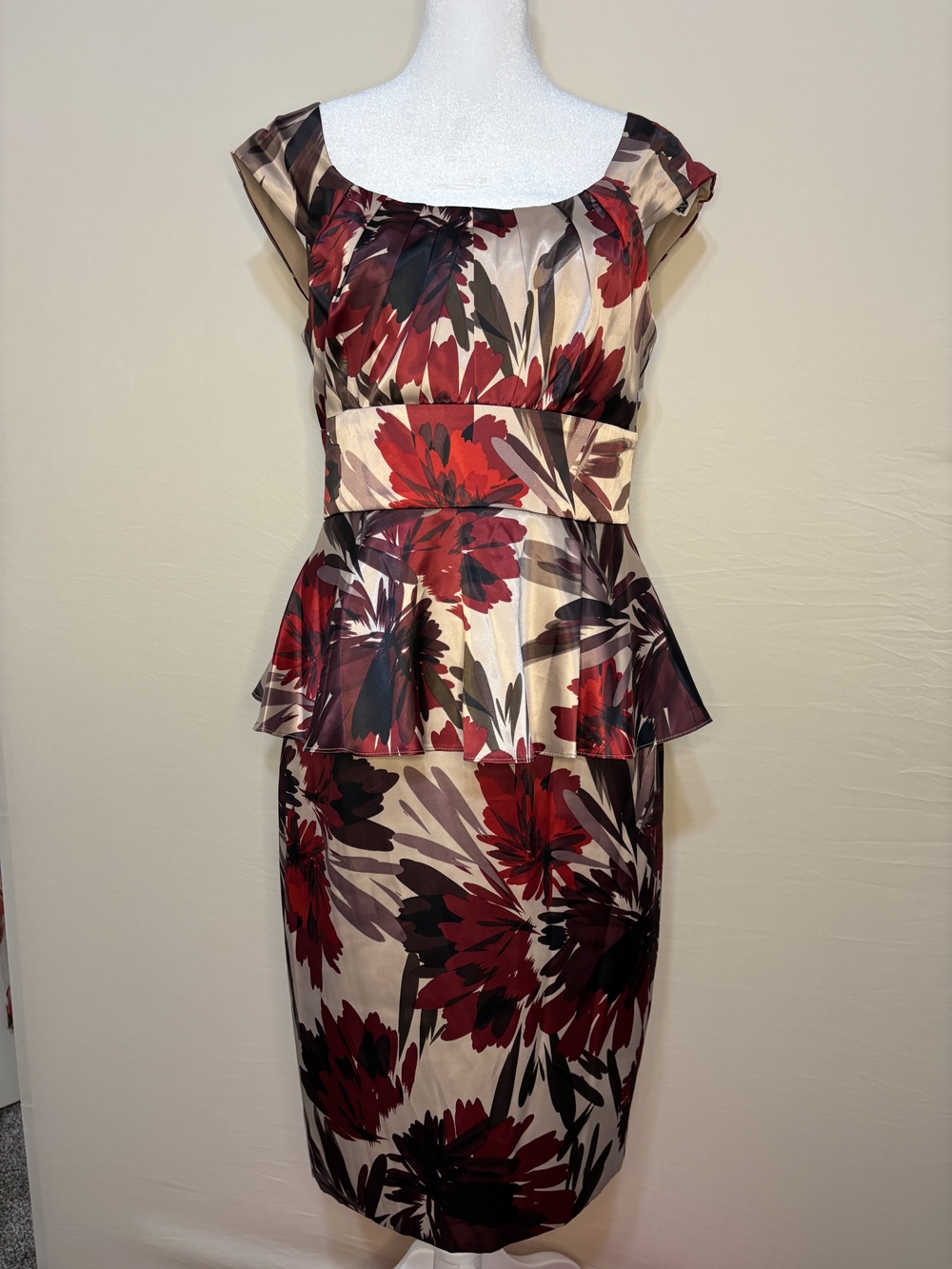 dressbarn Vintage-Style Floral Peplum Sheath Dress – Champagne & Burgandy Sz 10